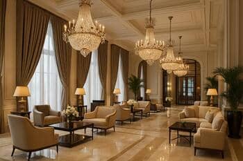 Hotel lobby with grand curtains