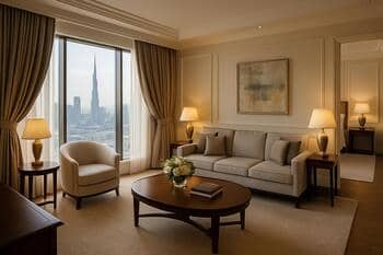 Luxury hotel suite with curtains