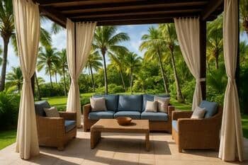 Outdoor patio with weather-resistant curtains